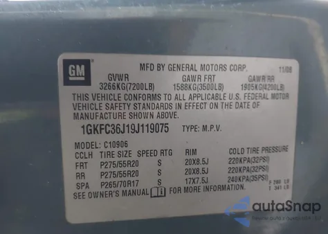 2009 GMC Yukon Xl 1500 Slt1 from USA, damaged, VIN 1GKFC36J19J119075